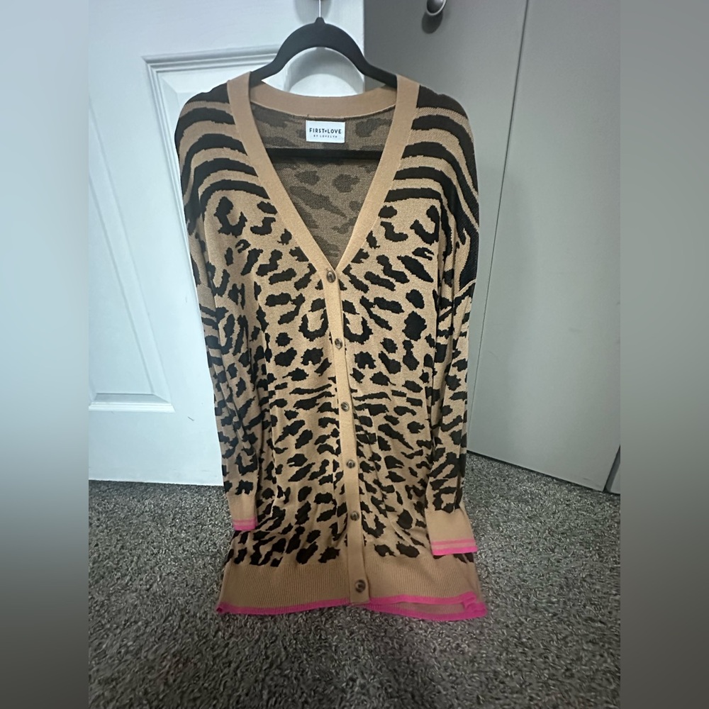 First Love Leopard Print Cardigan with Pink Trim